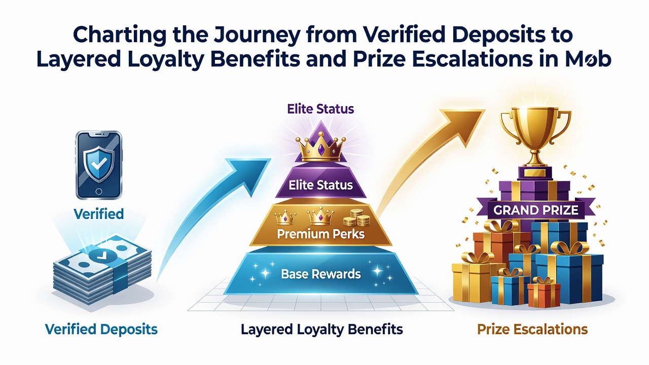 Layered loyalty benefits dashboard in a mobile slot application with prize escalation indicators