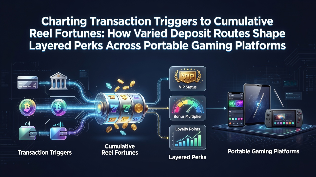 Illustration of mobile slot interfaces showing various deposit methods connecting to bonus layers and loyalty progressions