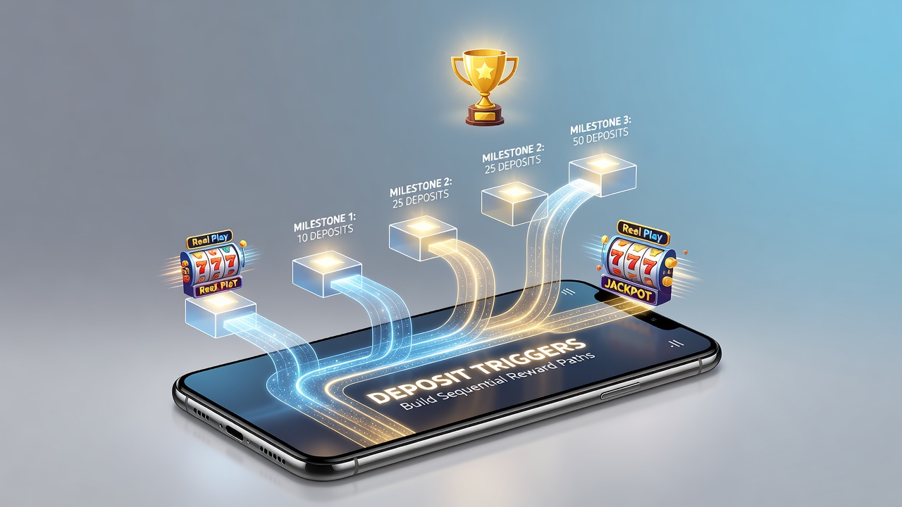 Mobile slot app interface showing deposit confirmation leading to reward progress bars and milestone indicators
