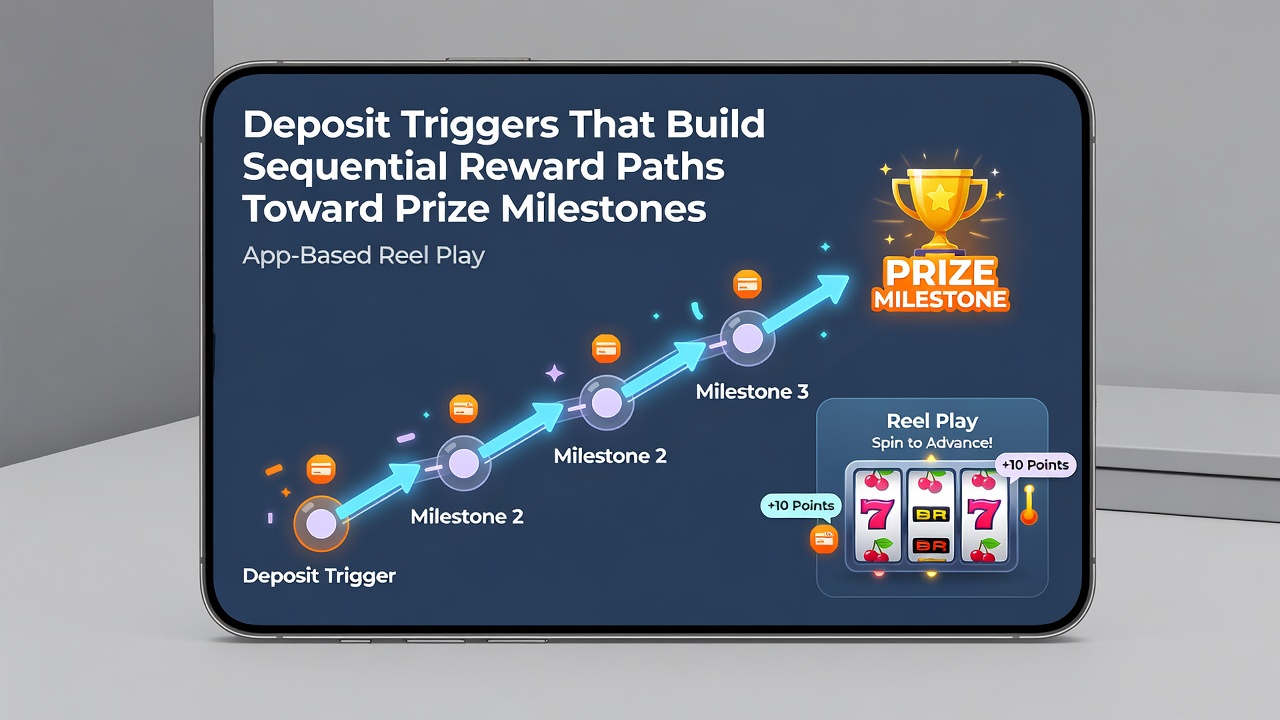 App screenshot displaying sequential reward path with deposit milestones, loyalty levels, and approaching jackpot indicators
