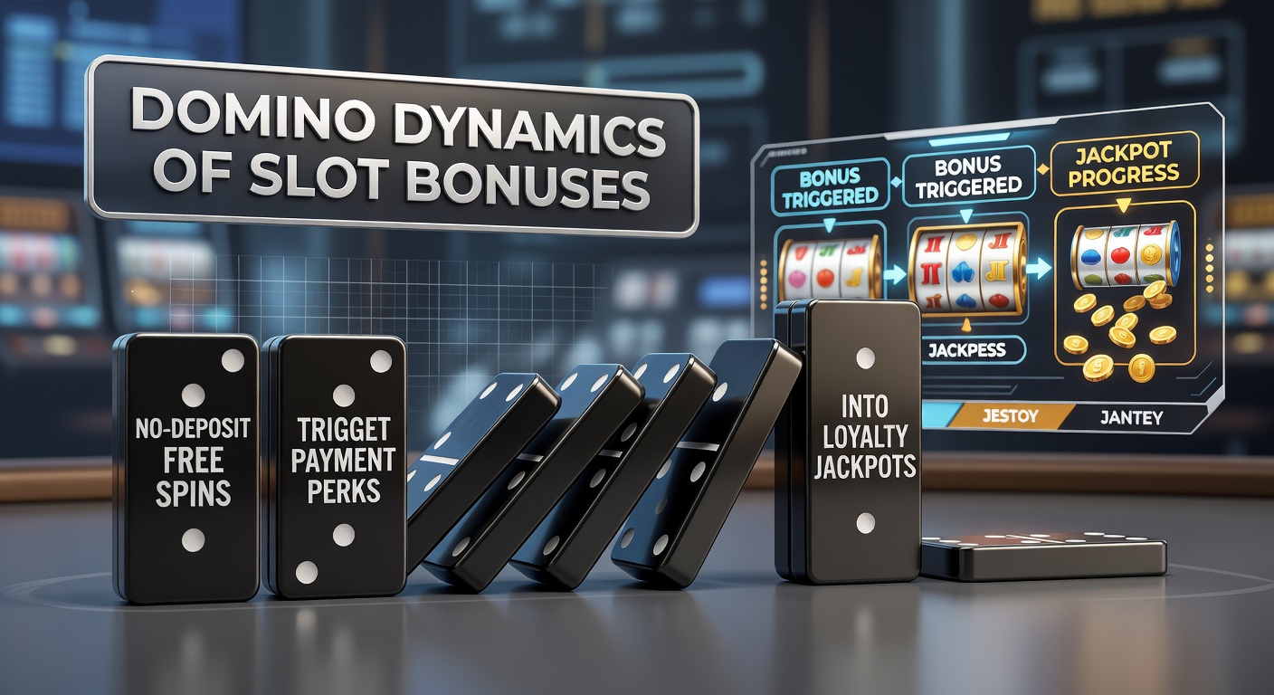 Visual representation of falling dominoes illustrating the chain reaction from no-deposit free spins to loyalty jackpots in online slots