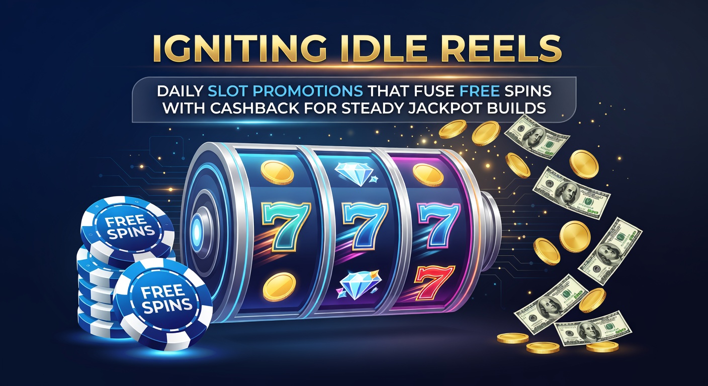 Vibrant online slot reels spinning with glowing free spin icons and cashback symbols overlayed, illustrating daily promotions building jackpot potential