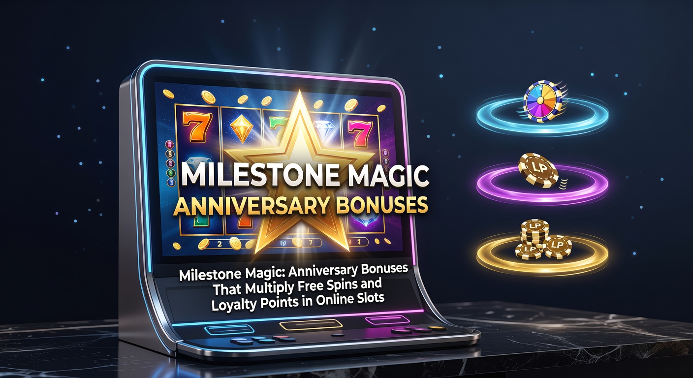 Vibrant slot machine reels spinning with golden anniversary multipliers overlayed, symbolizing boosted free spins and loyalty rewards
