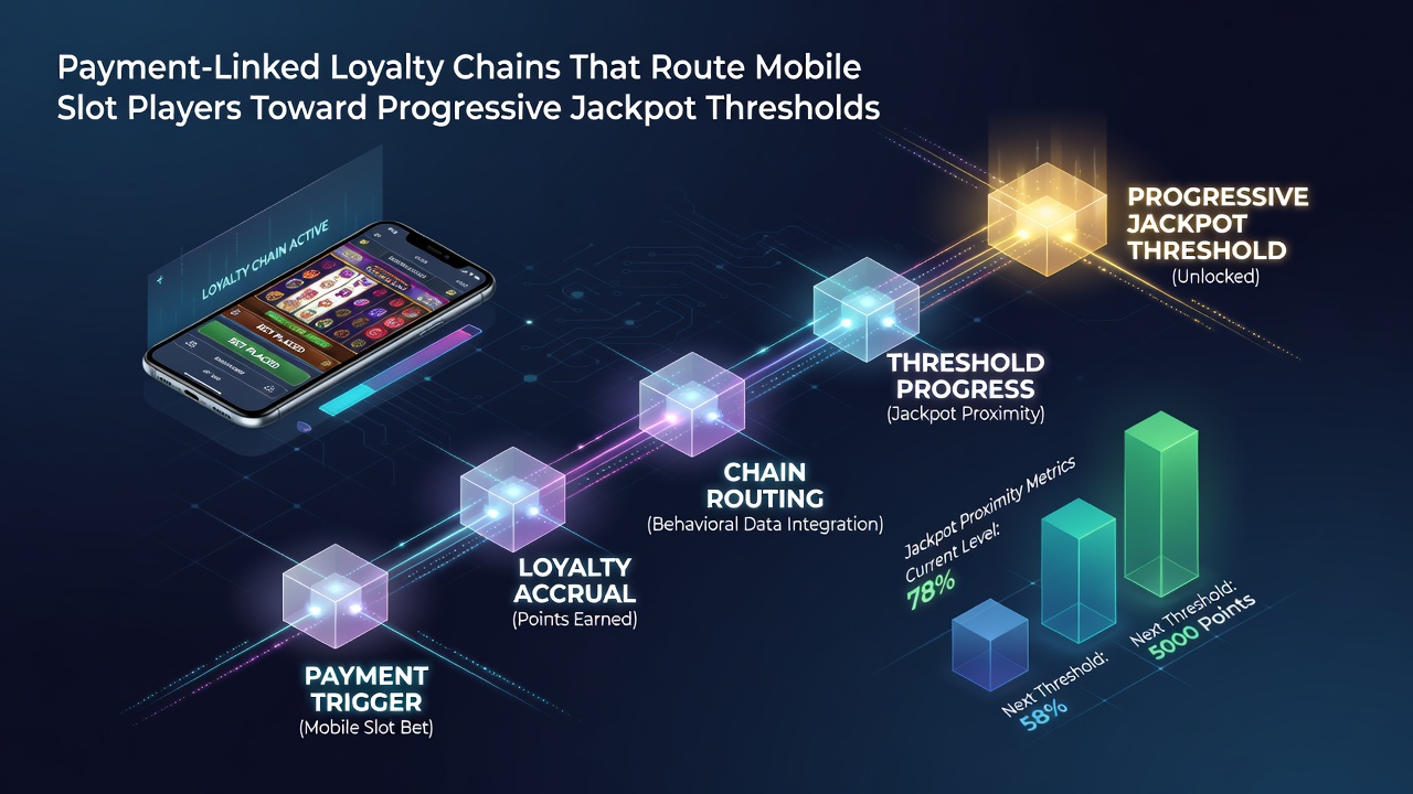 Illustration of loyalty tier ladder with payment icons feeding into a central progressive jackpot display on a mobile device