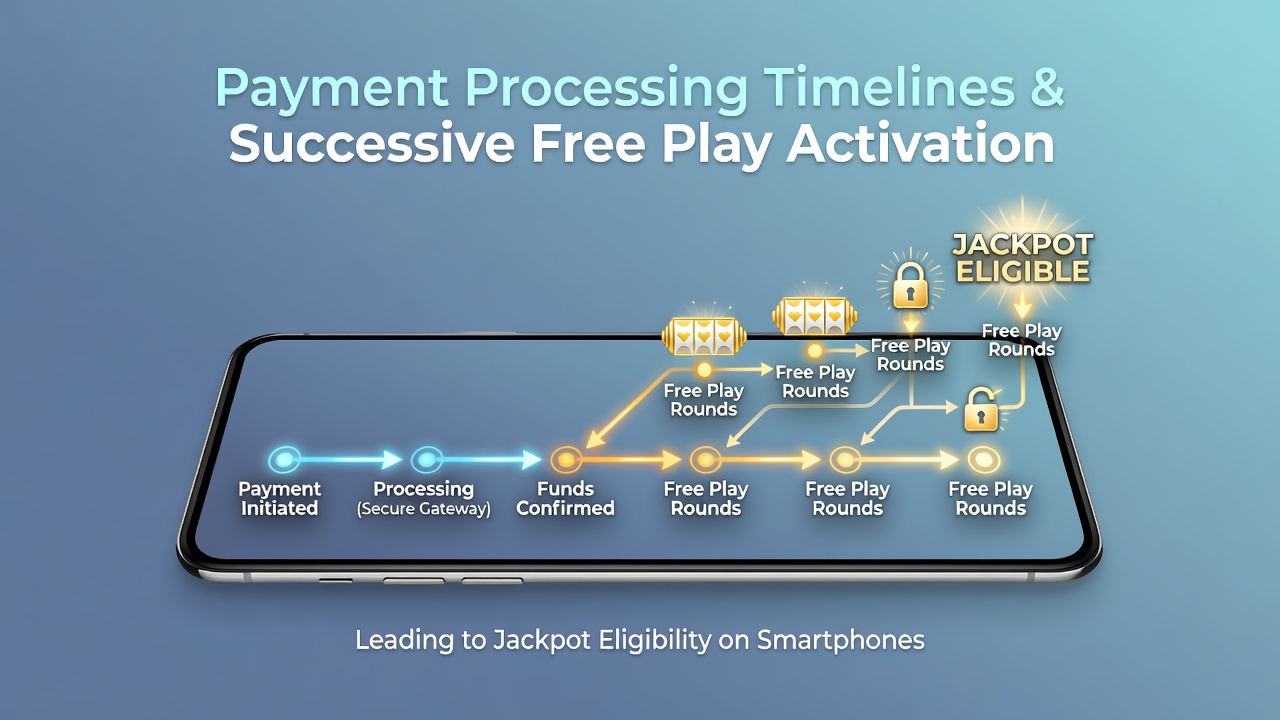 Illustration of payment processing timelines connecting deposits to free play activation on mobile slot interfaces