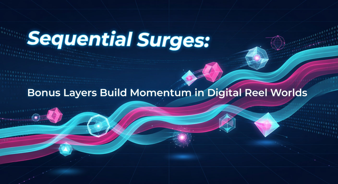 Vibrant digital slot reels cascading with layered bonus symbols, illustrating sequential surges in action