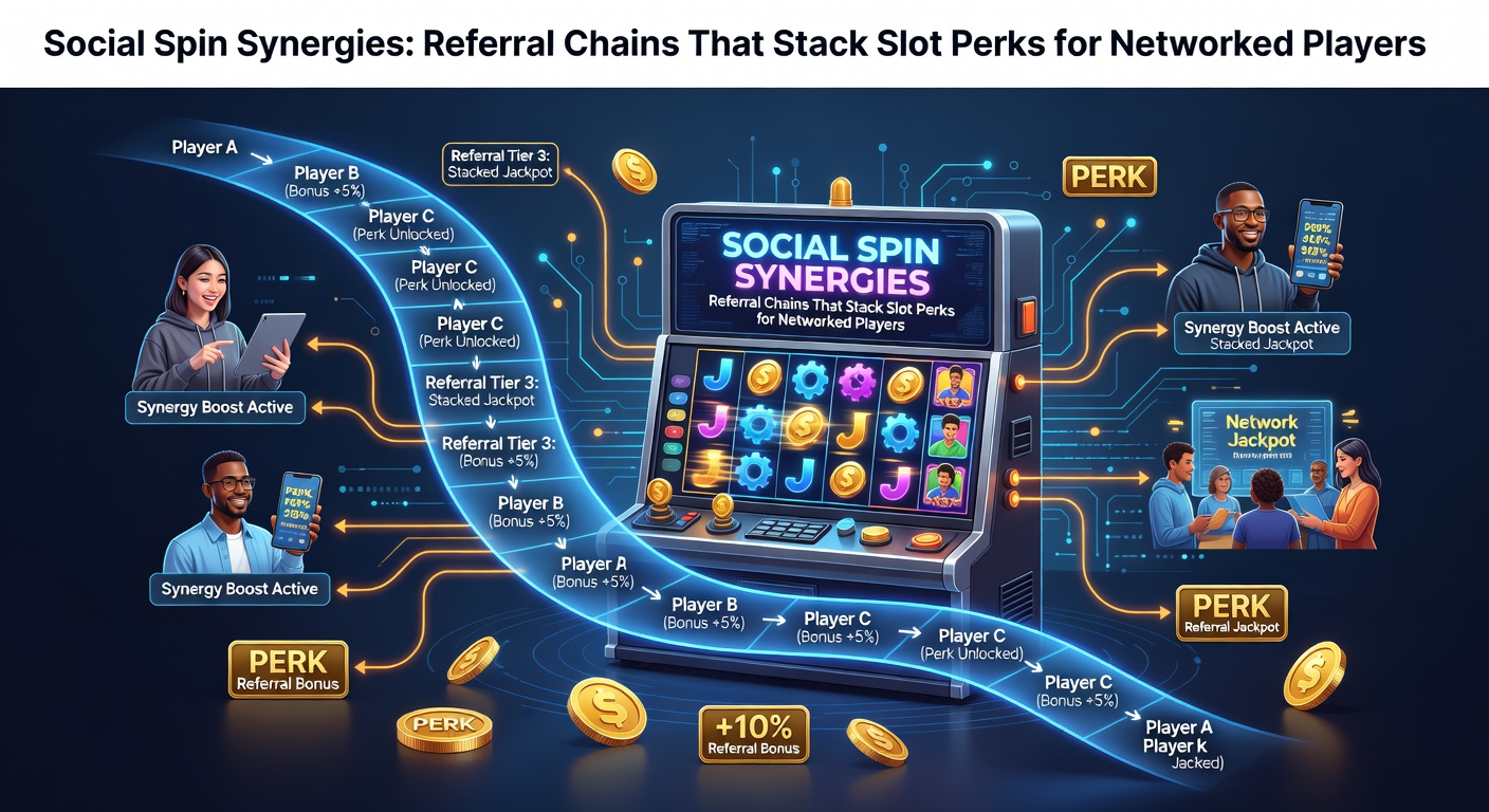 Network of connected players sharing referral links, stacking slot bonuses and free spins across a web of invitations