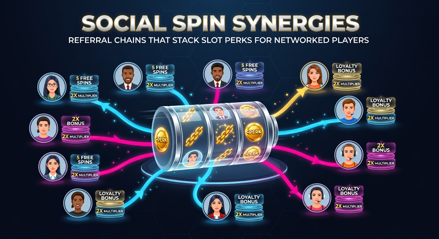 Infographic depicting a referral chain with branching perks, multipliers stacking upward to jackpot rewards