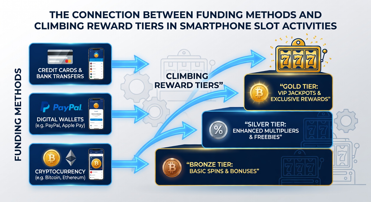 Infographic showing funding method icons linked to ascending reward tier levels on a mobile device