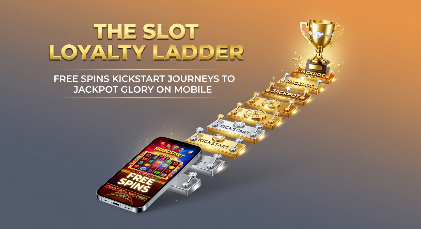 Dynamic illustration of a player's hand on a mobile phone, loyalty ladder ascending with free spin bursts exploding into jackpot fireworks