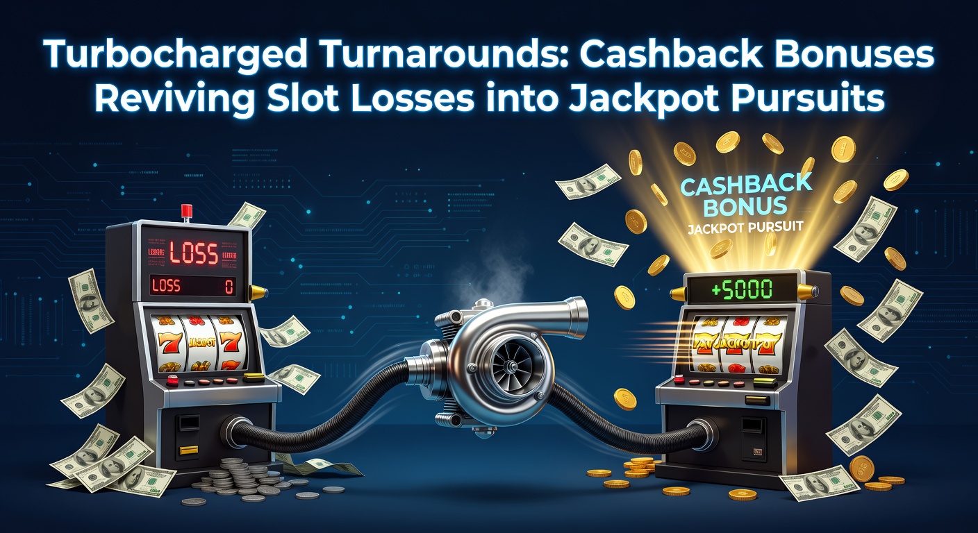 Vibrant slot machine reels spinning with cashback symbols overlay, illustrating loss recovery turning into jackpot potential