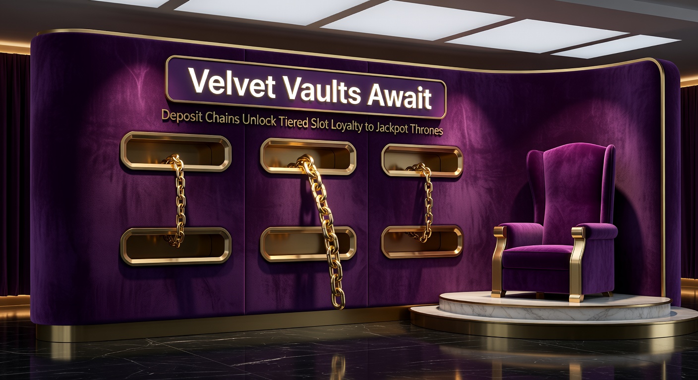 Digital illustration of golden vaults opening with cascading coins and slot reels leading to a throne adorned with jackpot symbols