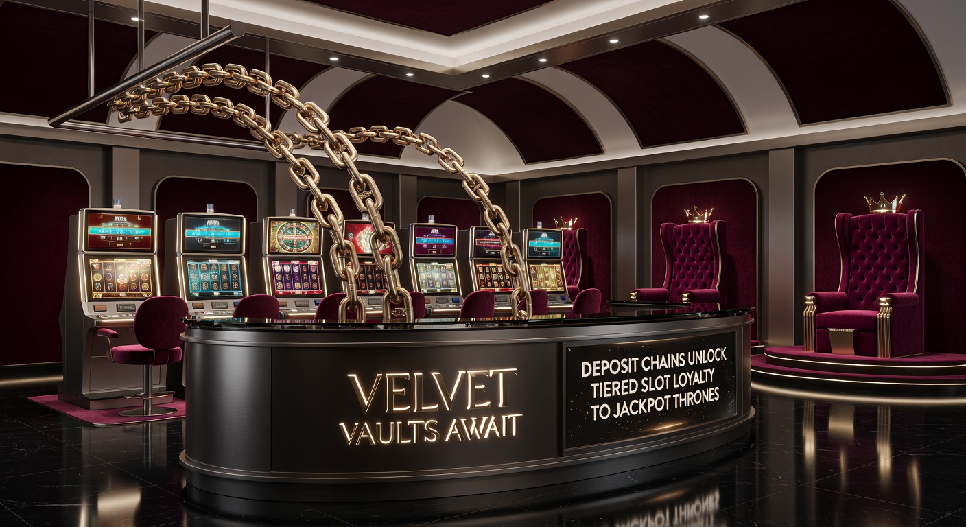 Close-up of tiered loyalty ladder with deposit links glowing gold, velvet textures on vaults, and a radiant jackpot throne at the summit